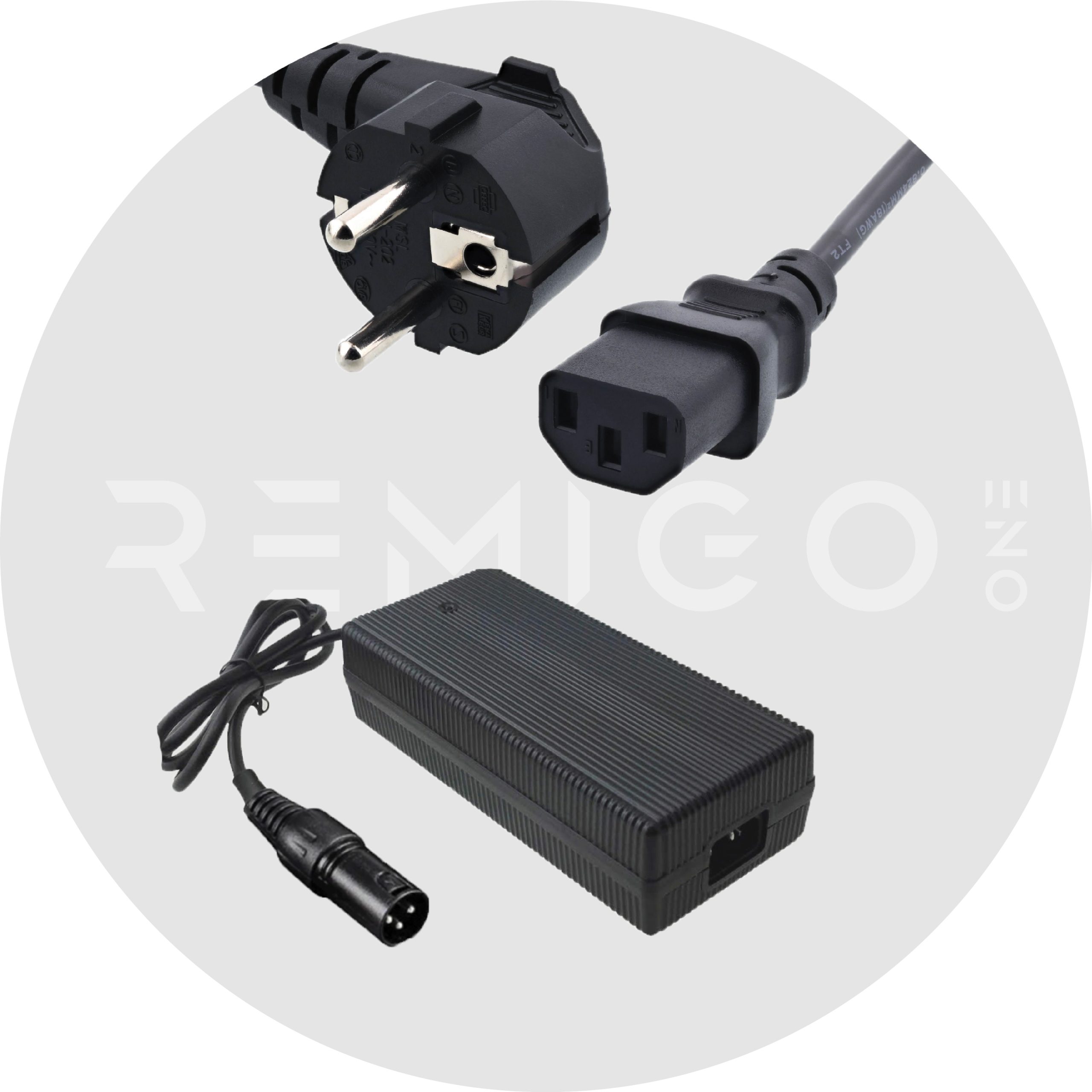 AC charger for an electric outboard RemigoOne with EU plug on a grey branded background