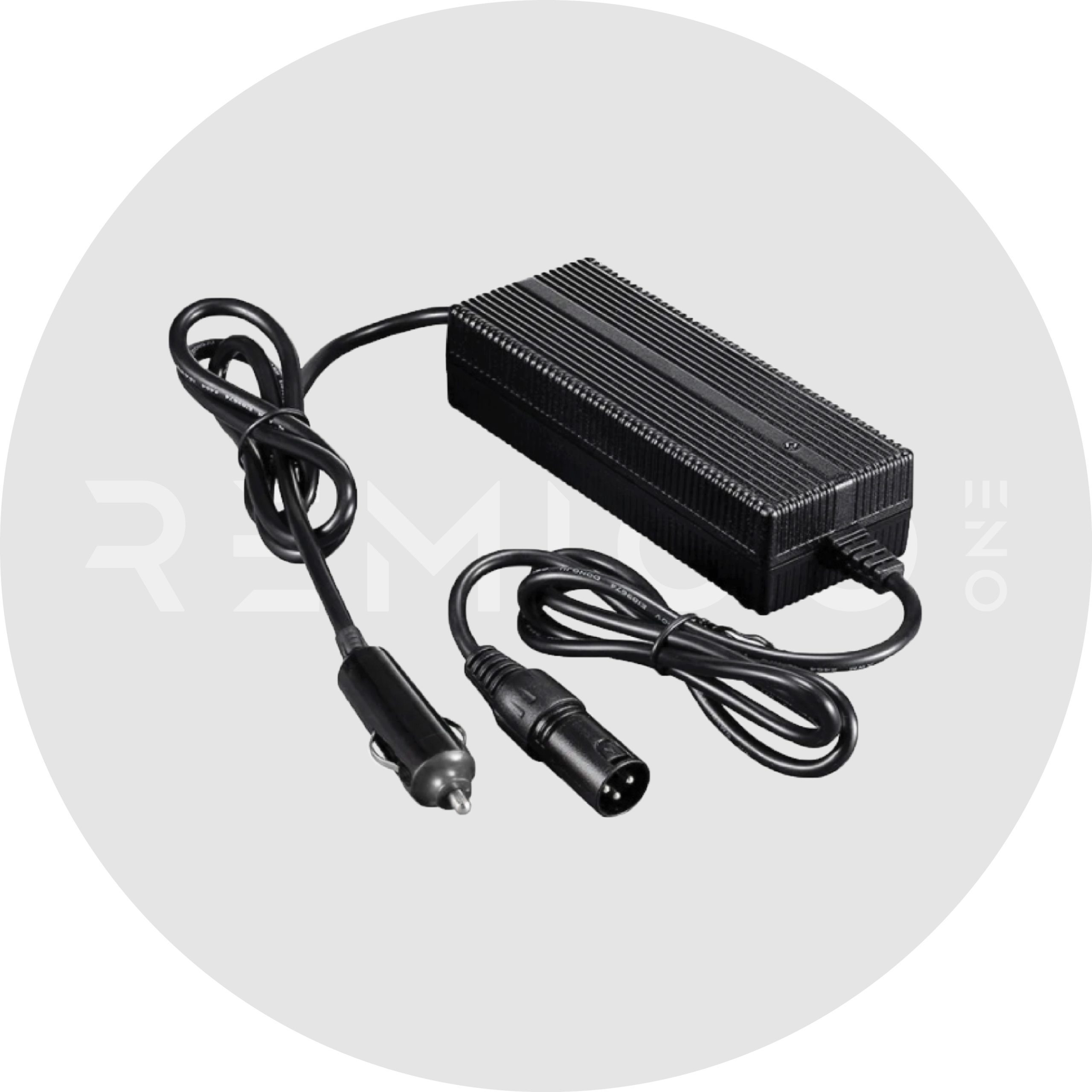 low voltage DC charger for an electric outboard RemigoOne on a gray branded background