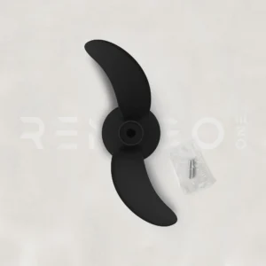 black two blade propeller with two shear pins on a remigo branded background
